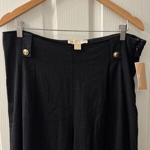 Michael Michael Kors Linen Blend Pants 10 Wide Leg Trouser Black Gold Buttons